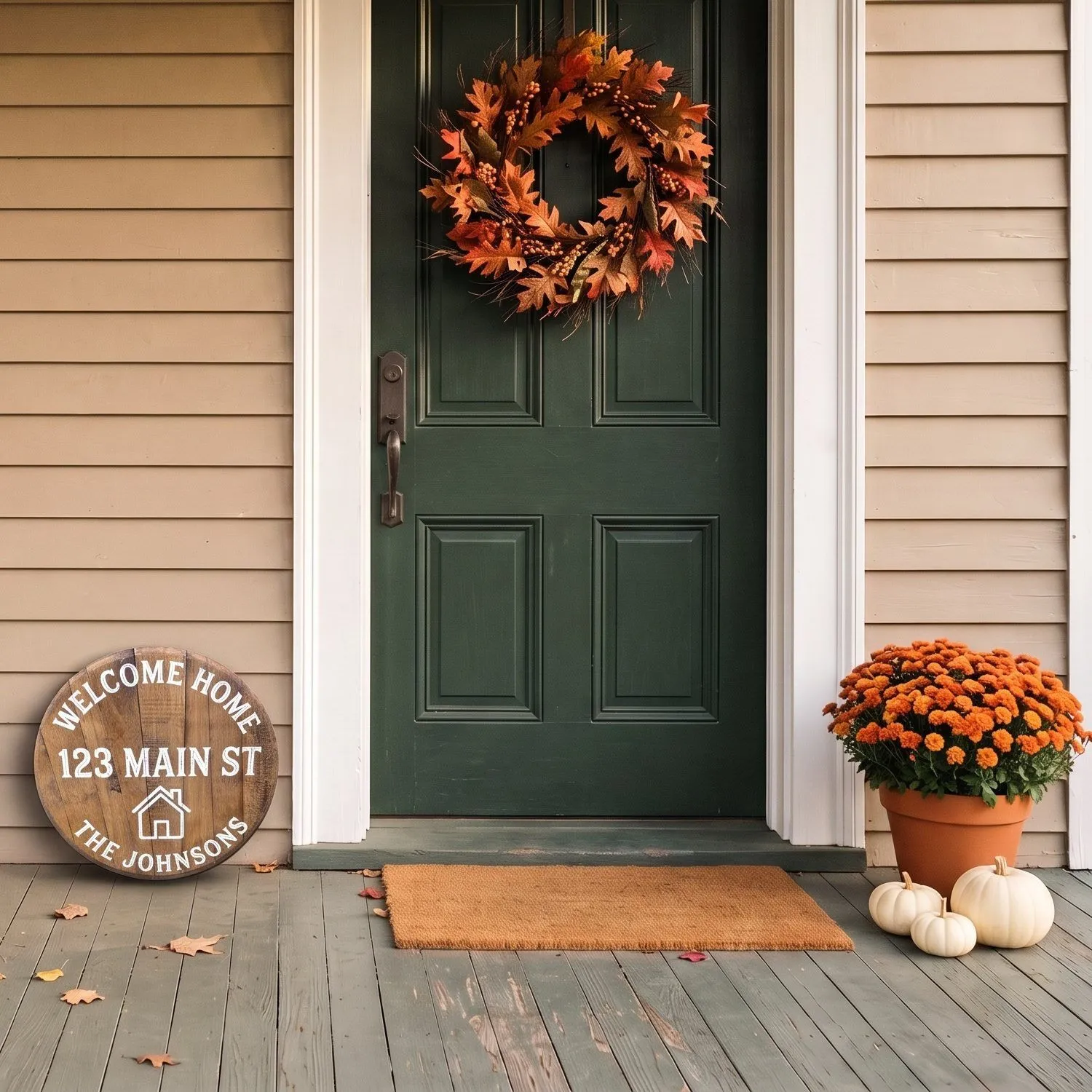 Welcome Home barrel head on a porch