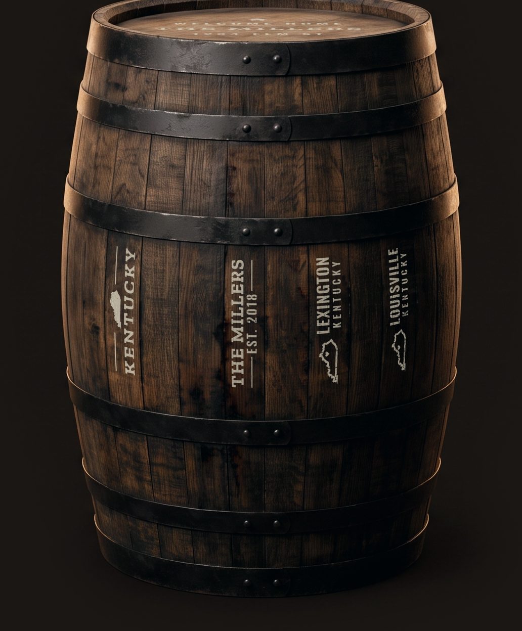 A weathered bourbon barrel with iron hoops; four staves and the head are hand-painted with Stave & Spur designs